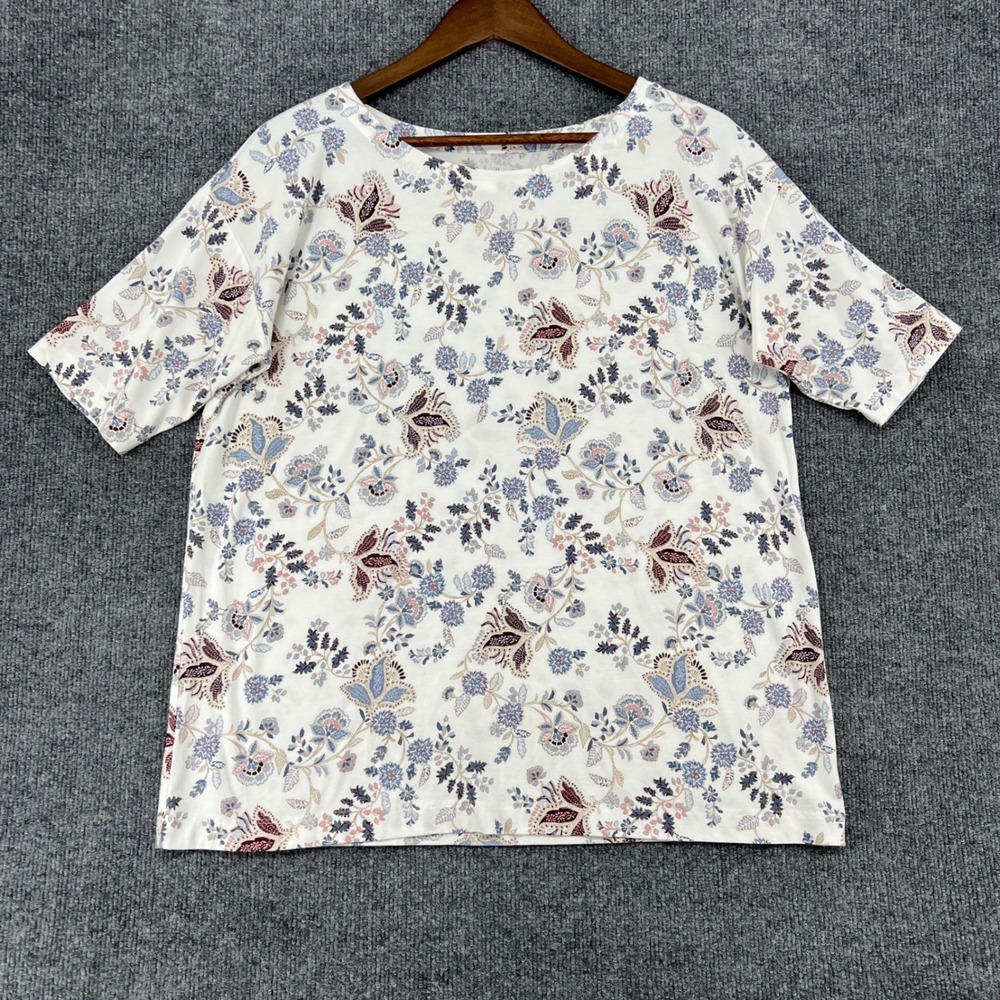 J.Jill Luxe Supima Elbow-Sleeve Tee Womens Medium White Floral Paisley Boho Chic
